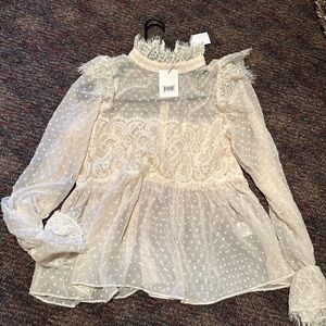 Stellah Sheer Lace Trim Swiss Dot Peplum Top -  Butter medium NWT